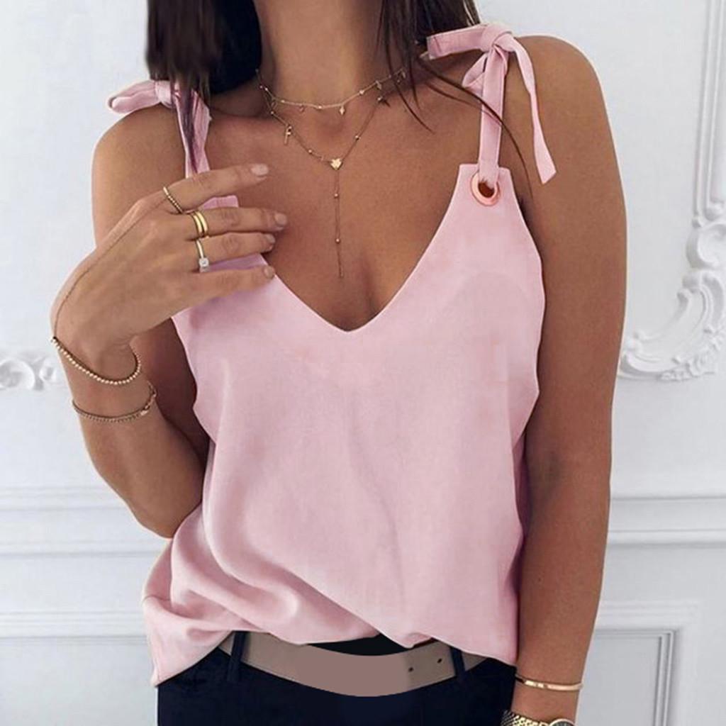 Женская мода однотонная без рукавов с v-образным вырезом и бантом, повседневная майка, жилет, блузка