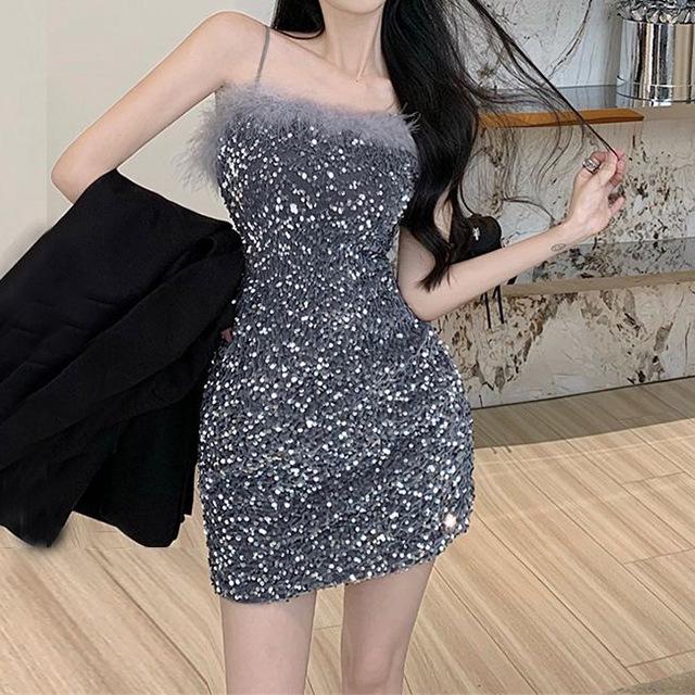 Women's Black Sequin Spaghetti Strap Bodycon Dress - Sexy Autumn 2026 Short Gown