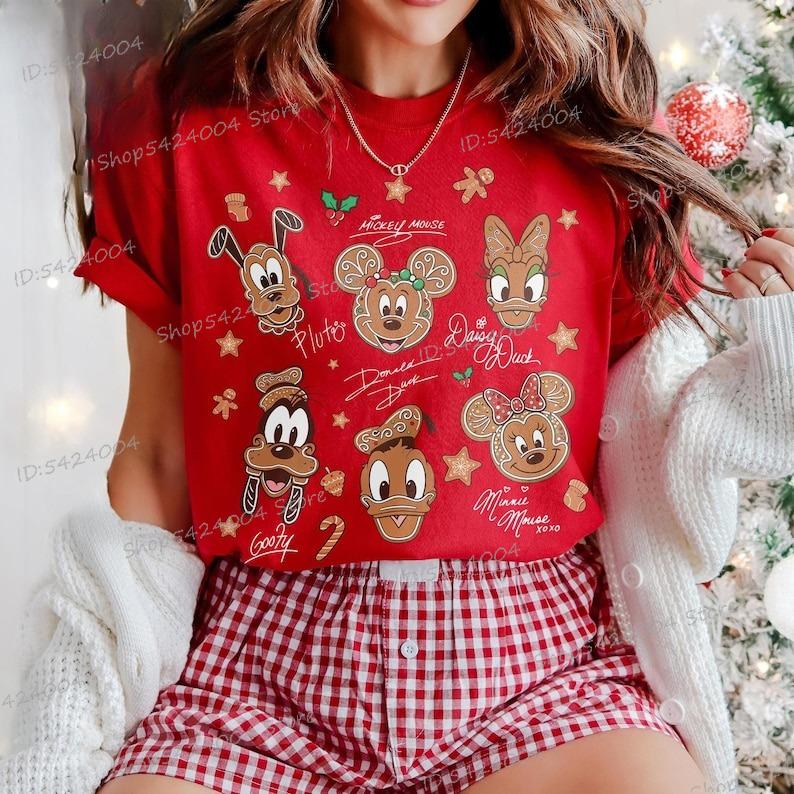 Vintage Mickey and Friends Gingerbread Christmas T Shirt Cartoon Short Sleeve Xmas Clothing Gifts