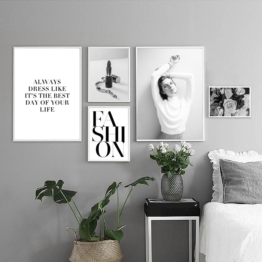 Fashion Black And White Sexy Poster Flower Women Motivational Text Canvas Wall Art Prints Abstract Painting Wall Hanging Decor