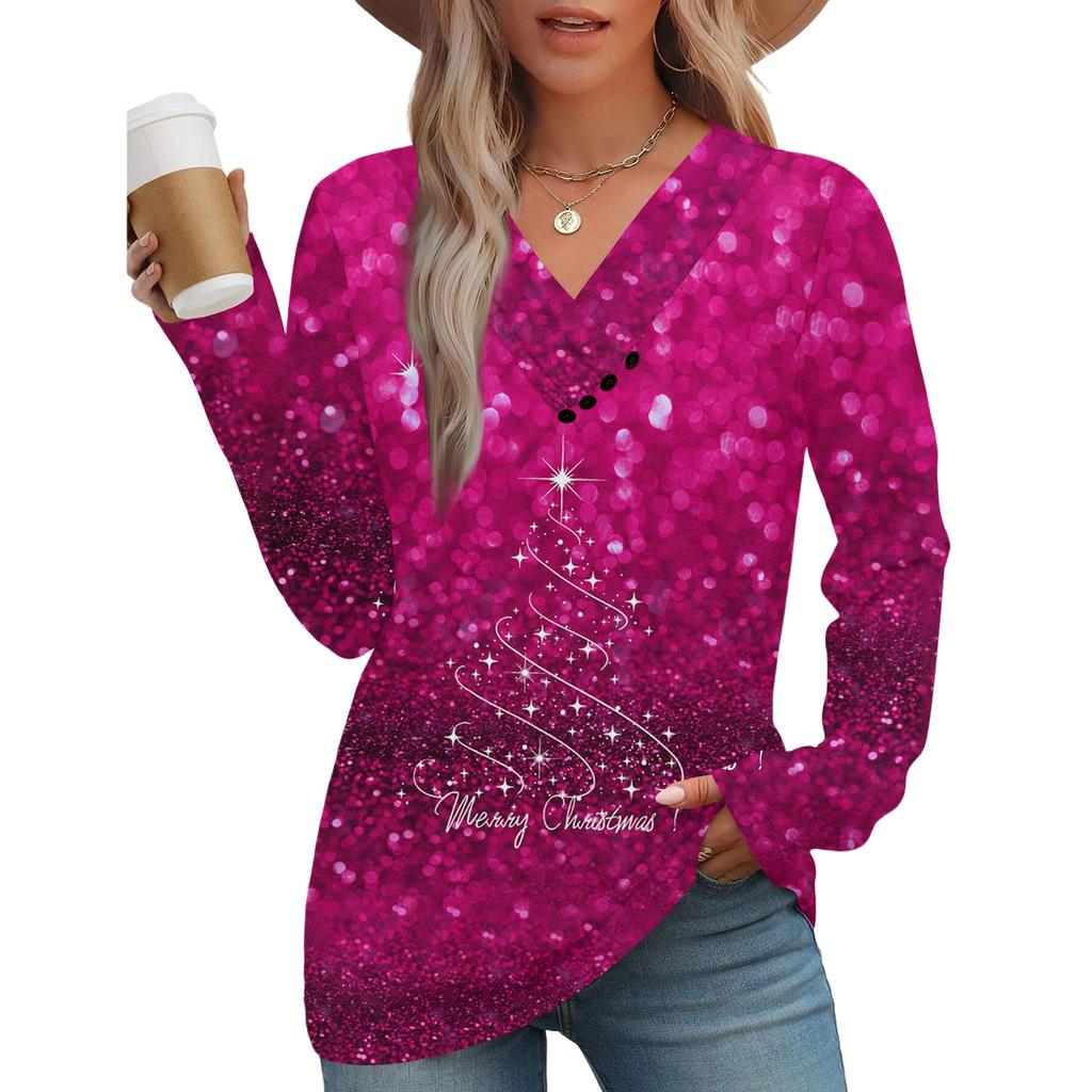 Women's Fashion Casual V-neck Pleated Christmas Long Sleeve Top