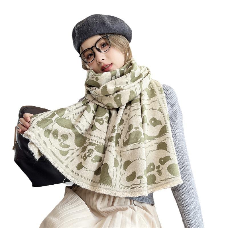 Winter New Panda Imitation Cashmere Jacquard Scarf Women's High-end Sense Versatile Core-spun Yarn Shawl Thickened Warm Scarf