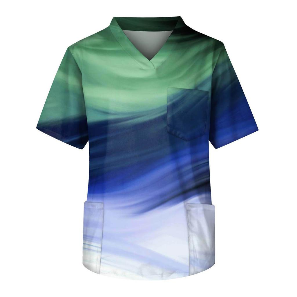 Мужские топы с короткими рукавами и v-образным вырезом с принтом, рабочая блузка с карманами