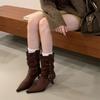 2025 новые ретро замшевые остроносые на высоком каблуке плиссированные ботфорты осень и зима новые с пряжкой ремня западные полусапоги женские