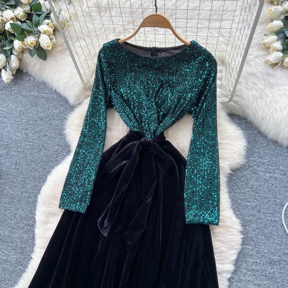 Шикарный Винтажный Велюровый Элегантный Наряд Феи с Длинным Рукавом Корейская Мода Осенняя Мода Платья Женская Одежда