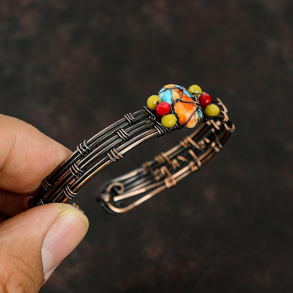 Колючая устрица, медная бирюзовая манжета, желтые и красные коралловые бусины, браслет из медной проволоки, ювелирные изделия, регулируемая манжета, браслет из драгоценных камней, манжета ручной работы