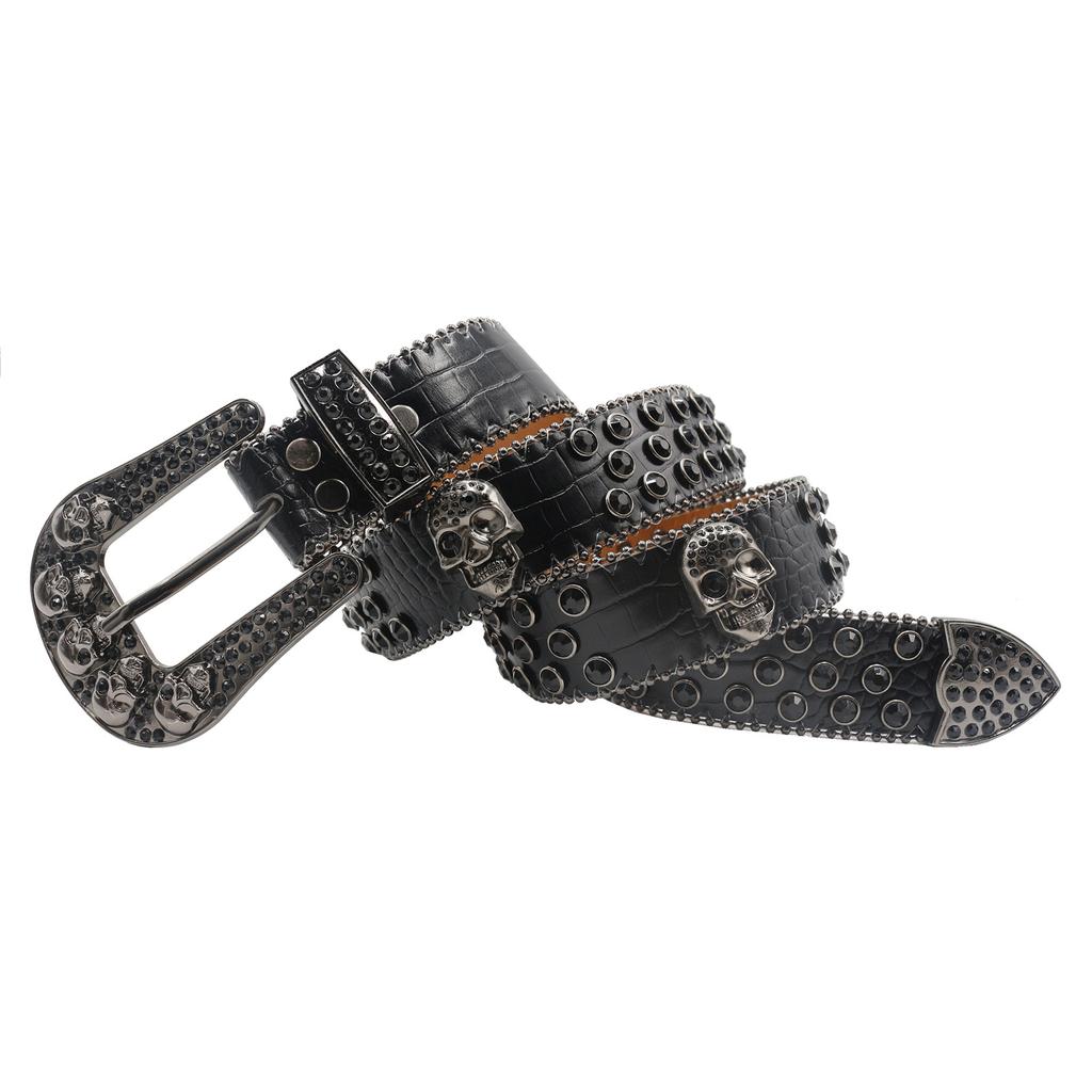 Ремень со стразами Ремень с черепом Инкрустированный бриллиантами Ремень с пряжкой-пином из сплава Модный тренд Бойпанк Широкий ремень Женский