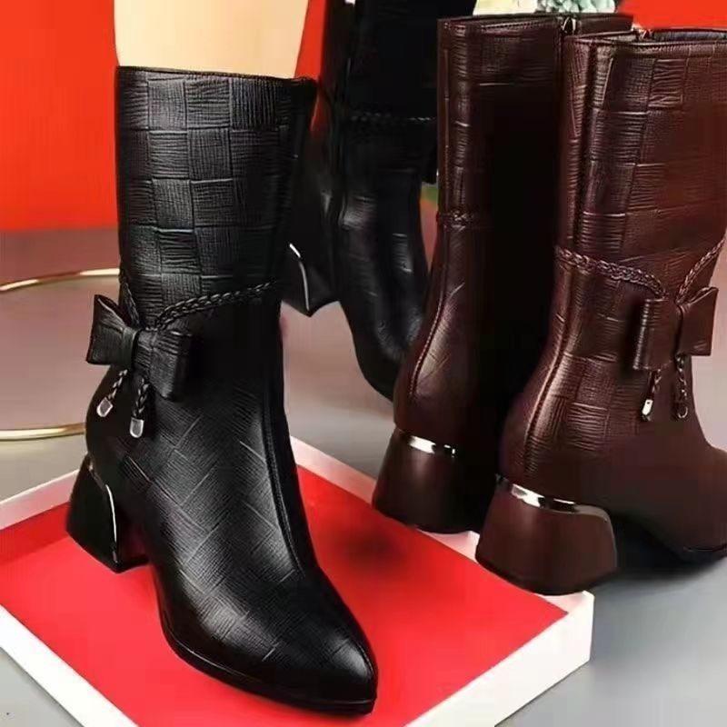 Fashion Women's Boots Designer Mid-calf High Heels Boots Fashion Casual Leather Boots for Women Plush Warm Winter Boot Botas Mujer2025