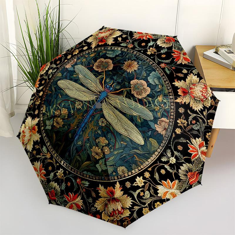 Dragonfly, FloralThemed Automatic Opening and Closing umbrella 8 Ribs, Suitable for Leisure and Going Out, Outdoor Accessory, Gothic Style