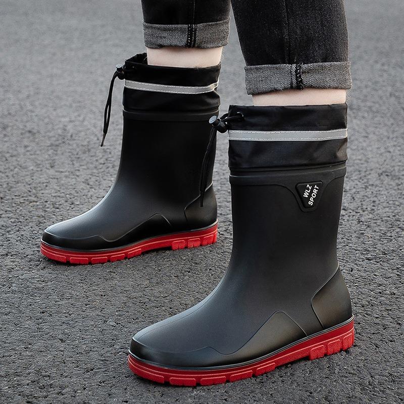 Новые утолщенные дождевые ботинки мужские короткие непромокаемые ботинки с нескользящей подошвой износостойкие средней высоты теплые ботинки резиновые ботинки