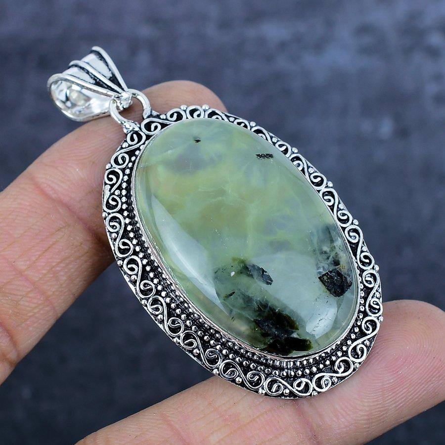 Натуральный пренит драгоценный камень 925 стерлинговое серебро ювелирный кулон 2,56" n5K94