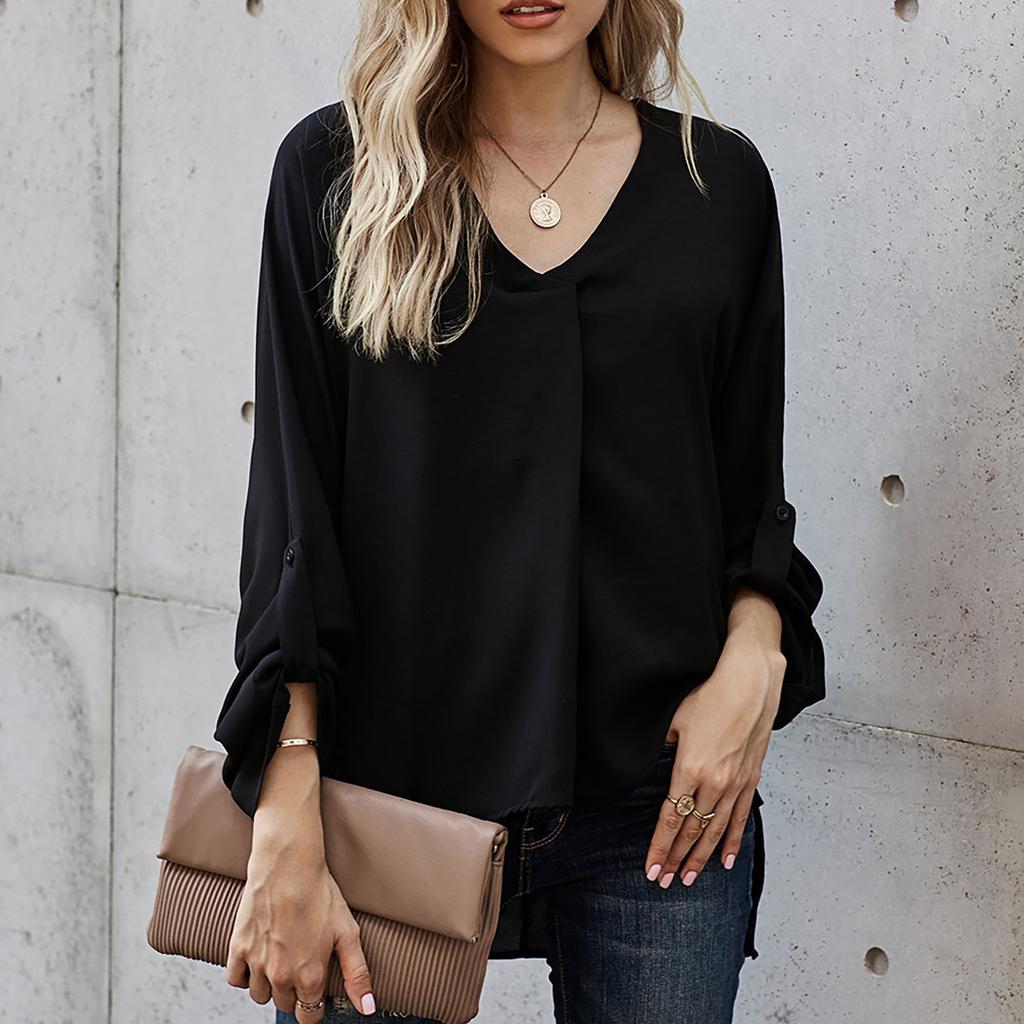 Высококачественные женские летние повседневные шифоновые блузки с разрезом и V-образным вырезом, свободная туника с коротким рукавом, длинные весенне-осенние офисные элегантные топы