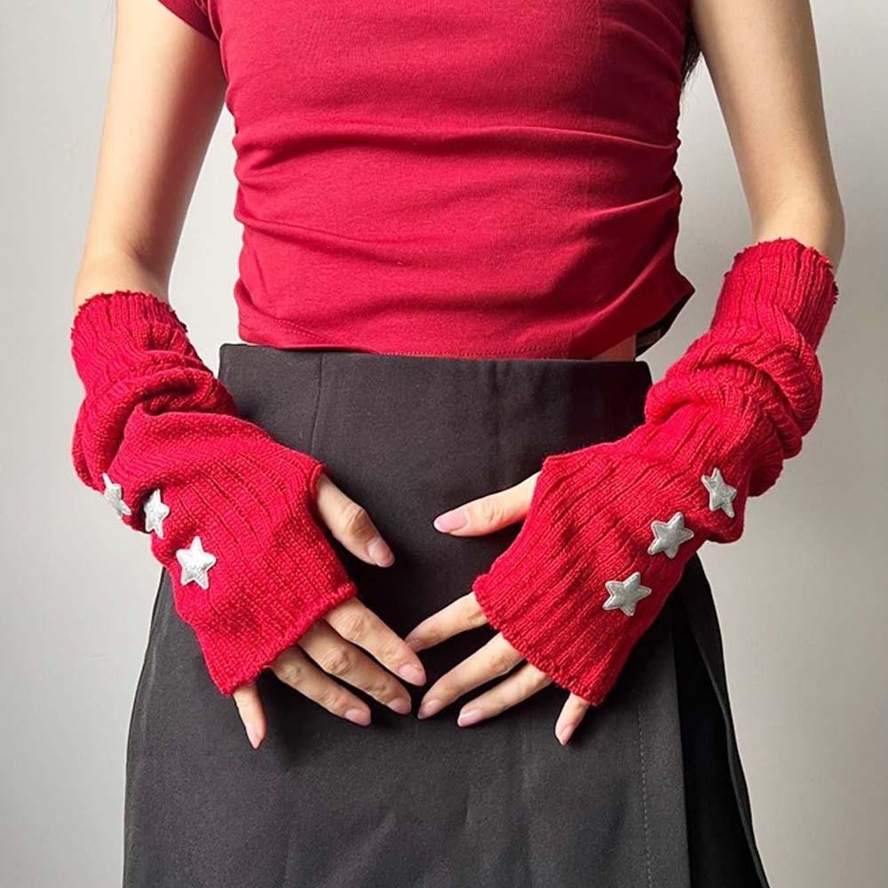 Solid Color Y2K Star Arm Cover Long Warmer Long Cuff Knitted Fingerless Sleeves Outdoor