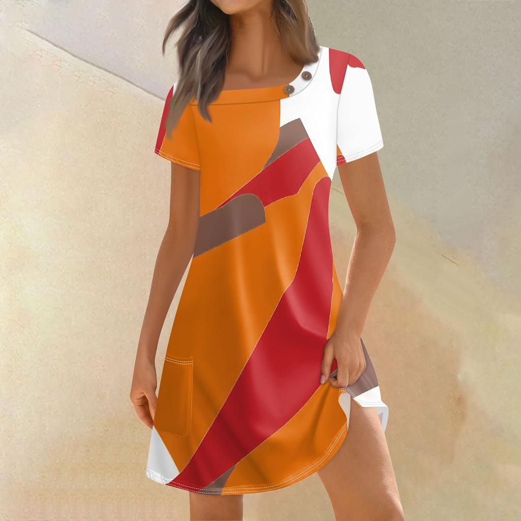 Женская мода, летние платья с квадратным вырезом и коротким рукавом, повседневные свободные платья с карманами и пуговицами в стиле пэчворк с принтом