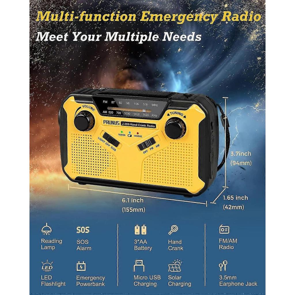 J-369 Emergency Solar Radio - 3000mAh Power Bank, AM/FM, Hand Crank, Flashlight, Reading Lamp, SOS Alarm for Survival & Outdoor