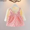 Girls Fake Two Piece Dresses Kids Back Princess Dresses Little Girl Bubble Sleeve
