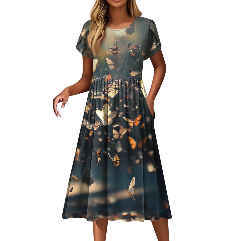 Women's Fashion Casual Loose Printed Round Neck Pocket Short Sleeve Dresses