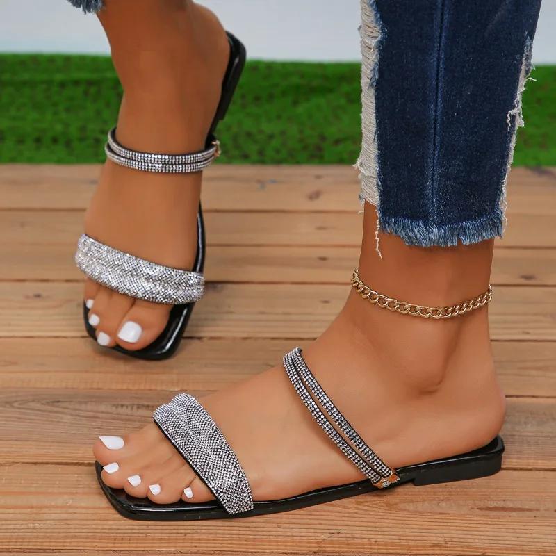 Летняя женская обувь 2024 года. Модные однотонные женские тапочки с открытым носком. Большие размеры. Женские пляжные туфли с плоской подошвой и блестками.