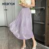 Tulle Streamer Mesh Skirt Summer Women Korean Fashion A Line Pink Long Skirts Female Casual Elegant Pleated Skirts