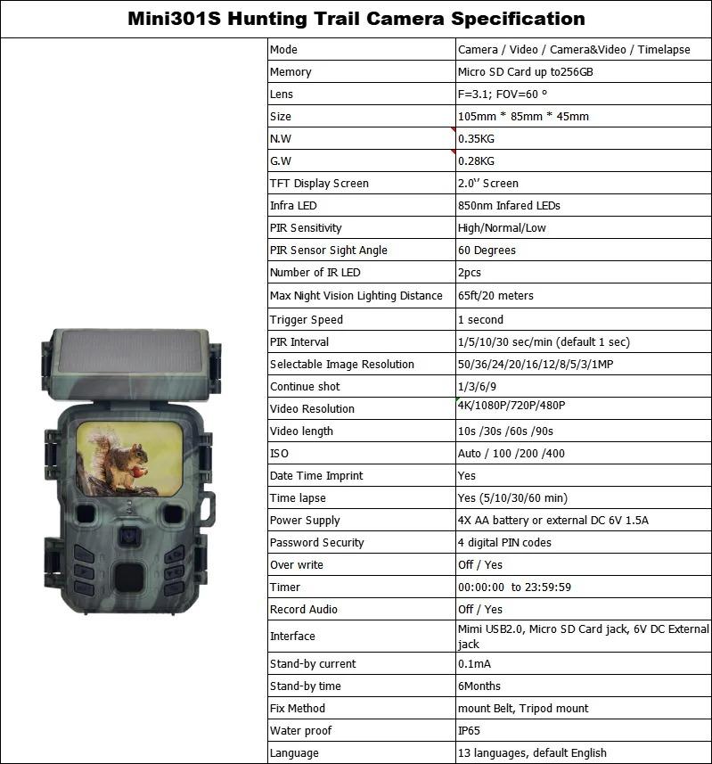 4K Wireless Trail Camera 50MP Night Vision Mini301S Outdoor Hunting Wildlife Scouting Surveillance Photo Trap