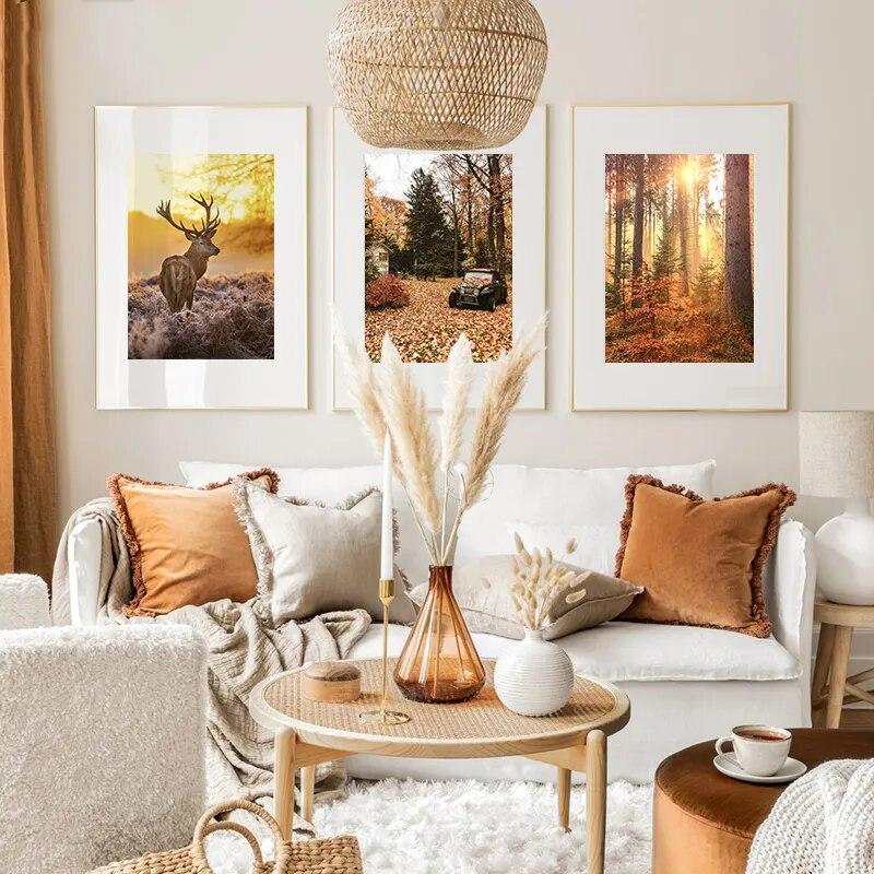 Осенний пейзаж Холст Плакат Желтые листья Осенний вид Настенная живопись Печать тыквы Картина на Хэллоуин Гостиная Домашний декор