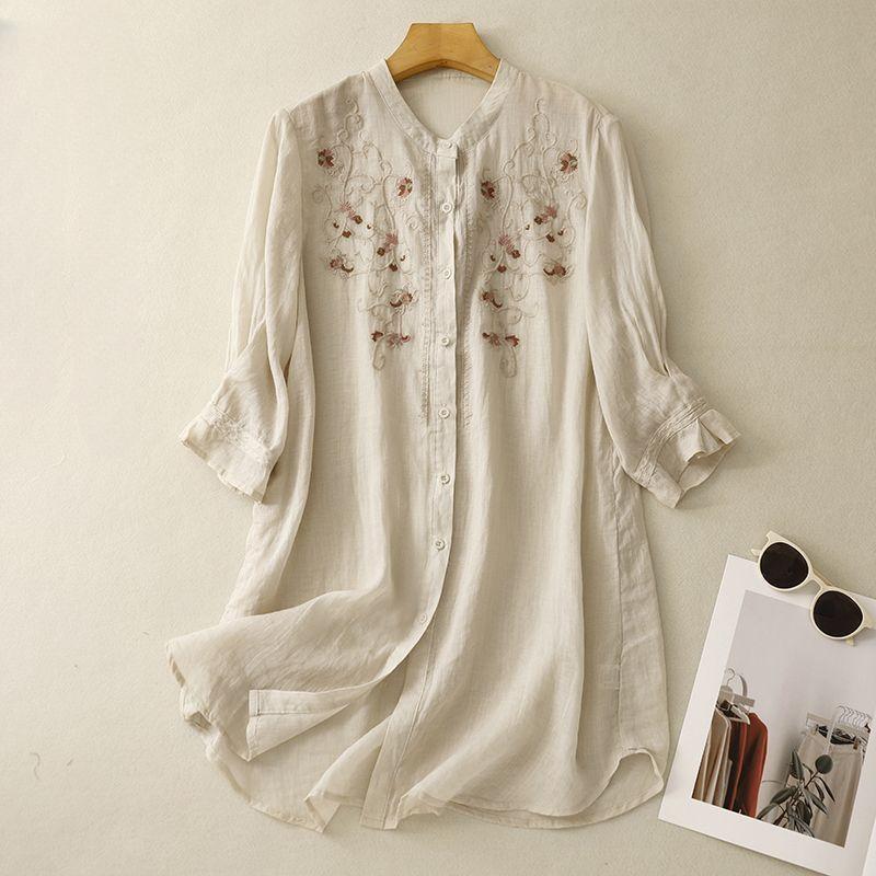 Floral Embroidery Long Shirts Women O Neck Casual Cotton Linen Shirt Loose Summer Blouses Sum Protection Tops