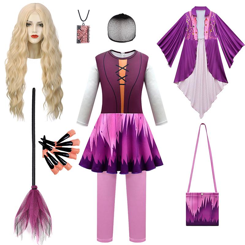 Sanderson Sisters Witch Costume for Girls Halloween Cosplay Hocus Pocus Masquerade Children Clothing Carnival Party Kids Clothes