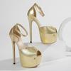 Золотые женские босоножки на высоком каблуке с открытым носком, сексуальные, для вечеринки, с металлической пряжкой на ремешке на щиколотке, банкетные, женские туфли-лодочки, стильная обувь для стриптиза