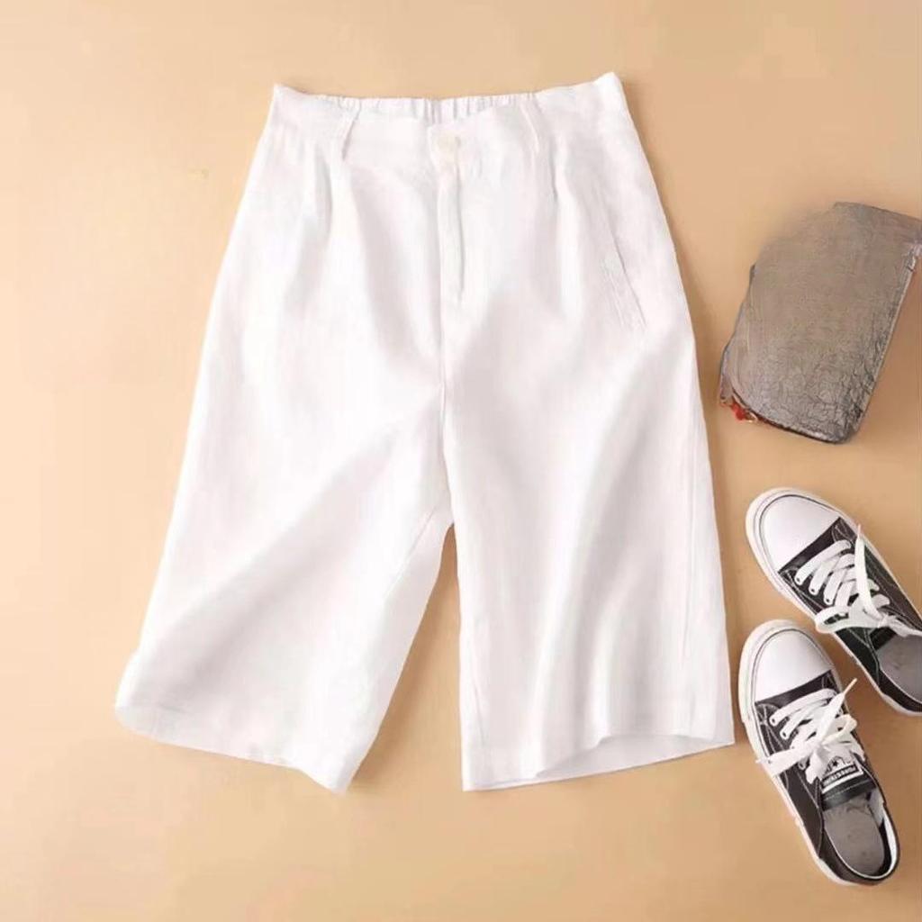 Cotton Linen Women Suit Shorts Elastic Waistband Women Shorts High Waist Straight Wide Leg A Line Work Shorts Casual Short Pants