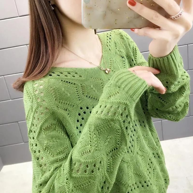 Hollow Knitted Sweater Women's Pullover Spring and Autumn V-neck Blouse Loose Outer Sweater Bottoming Shirt
