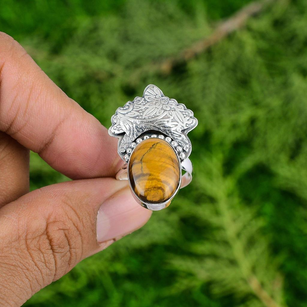 Sacral Chakra Natural Tigers Eye 925 Silver Wife Promise Artisan Stackable Ring