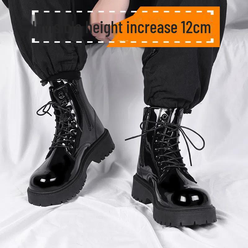 COS Men's Genuine Leather British Style Height-Boosting 10cm Motorcycle Martin Boots