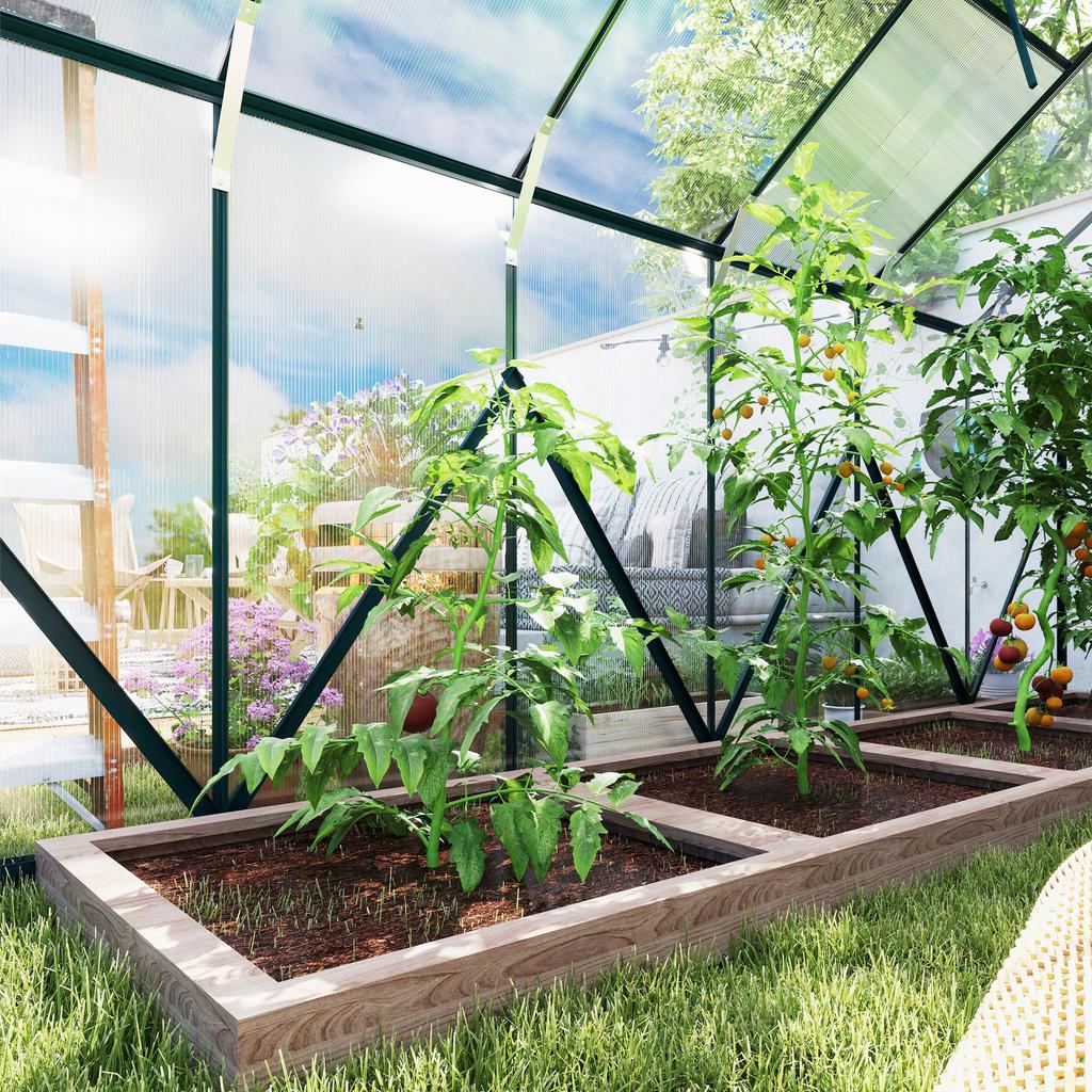 8 x 12ft Aluminium Greenhouse Polycarbonate Walk-in Garden Greenhouse Kit with Adjustable Roof Vent, Double Sliding Door, Rain Gutter and Foundation