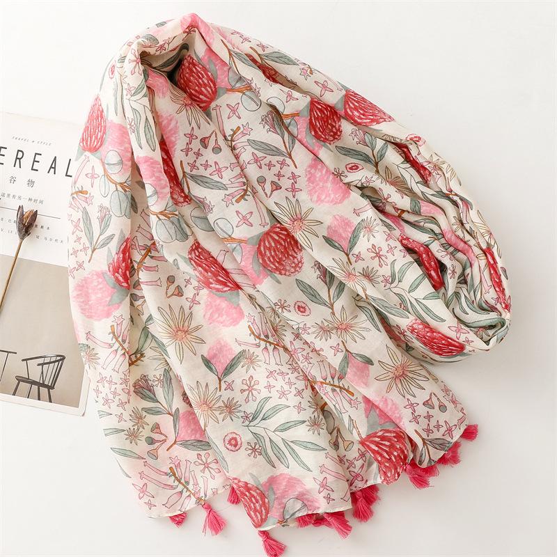 2024 Four Seasons Хлопок и конопляная текстура шарф, маленький свежий розовый растительный цветок кисточка шелковый шарф, теплая шаль для женщин