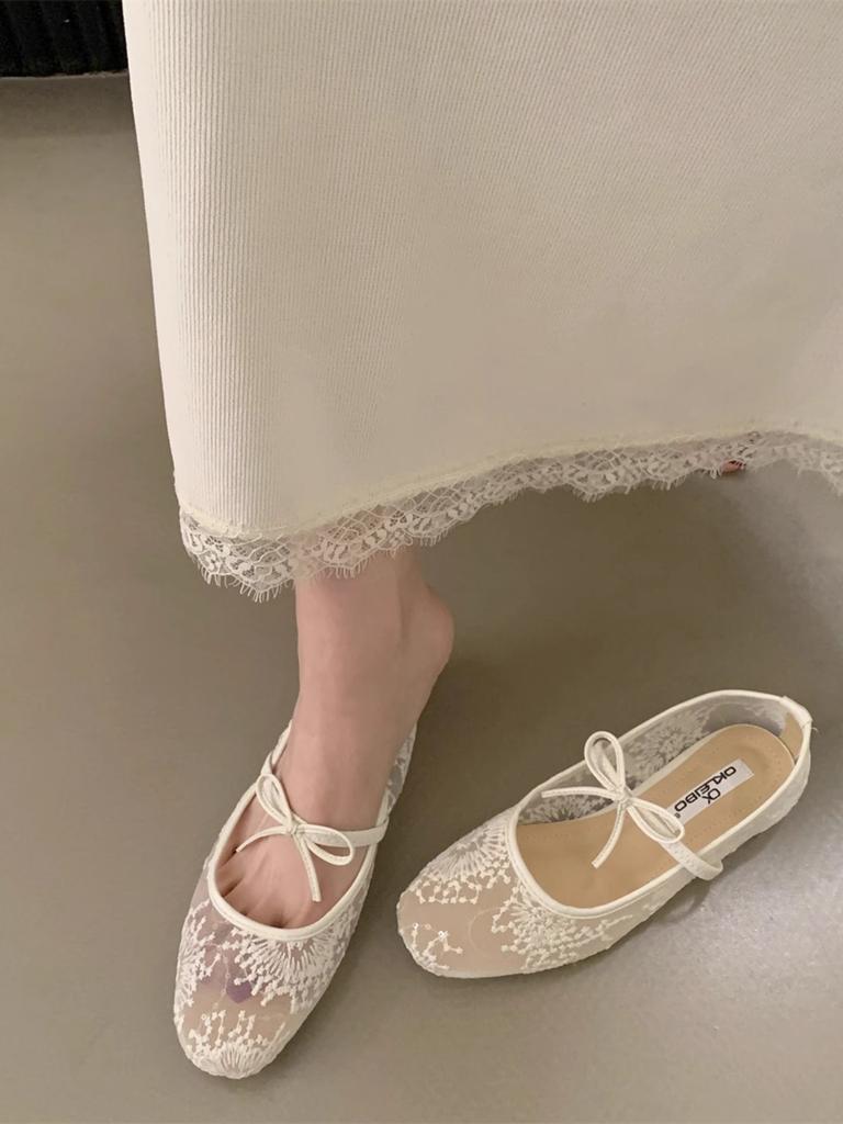 Женские туфли Мэри Джейн в стиле феи с бантом, новинка 2025 года, полые кружевные туфли с неглубоким горлом и юбкой, вечерние туфли на плоской подошве