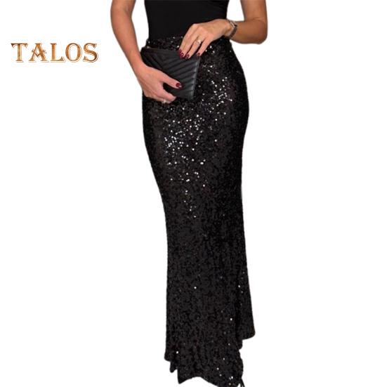 Maxi Skirt High Waist Solid Color Long Skirt with Shiny Sequin Decoration Home Commuting Street Leg-lengthening Skirt