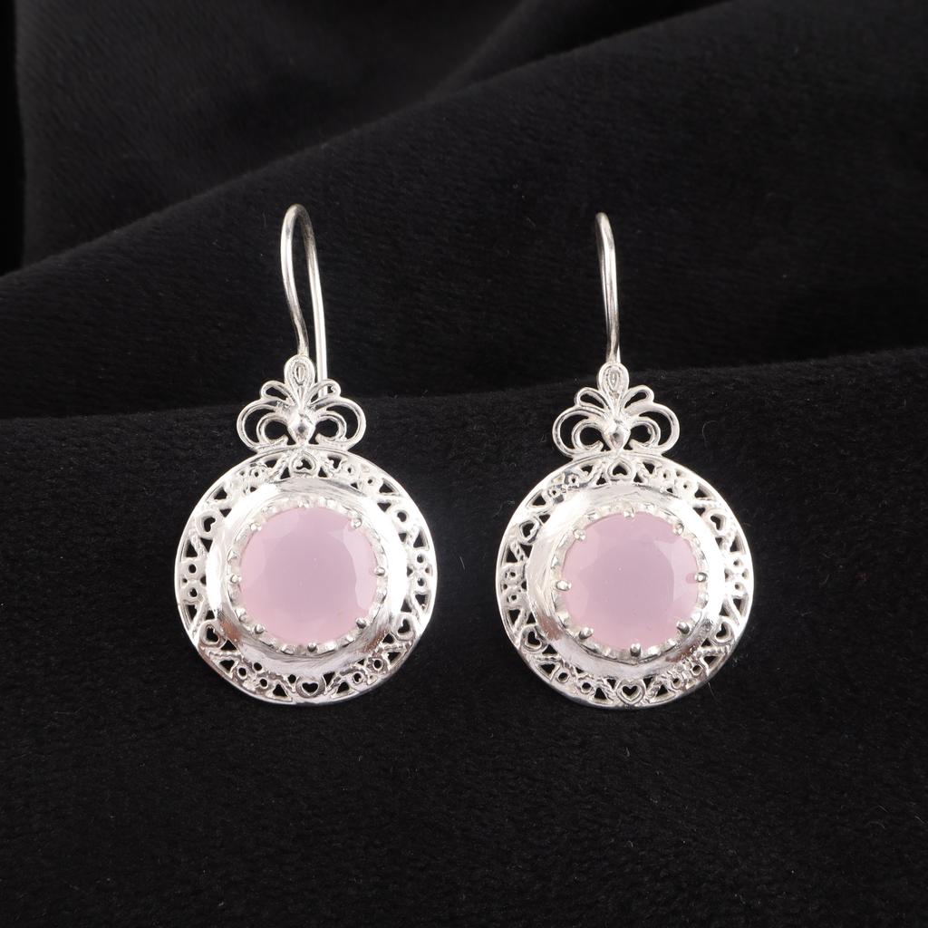 Rose Chalcedony Gemstone Silver Earring 1.5" , 925 Sterling Silver Jewelry, October Birthmonth Gift, Pink Stone Earring For Her CE-25-19