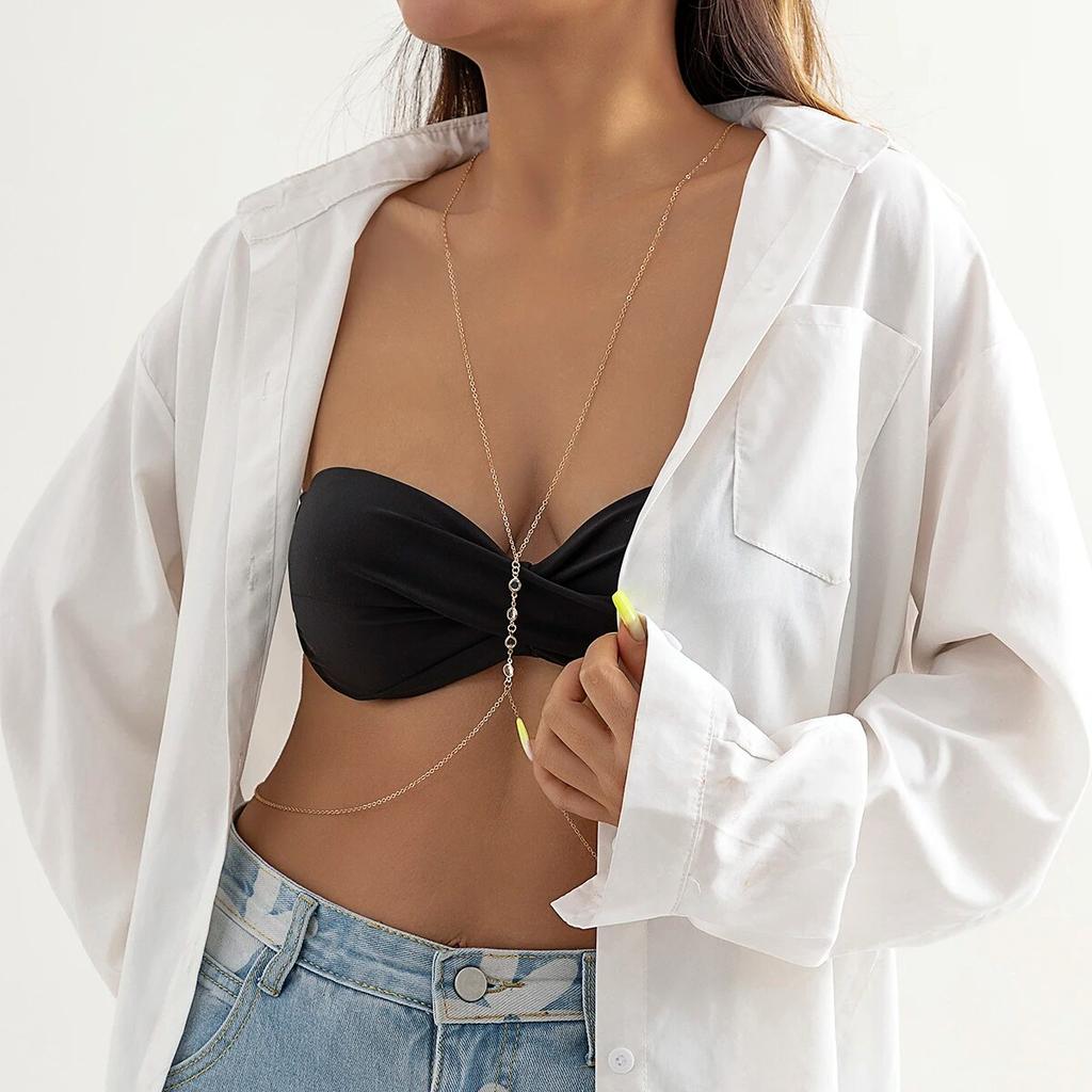 PuRui Summer Simple Sexy Cross Crystal Integrated Waist Chain and Chest Chain Sexy Beach Bikini Body Chain Belly Chain for Women