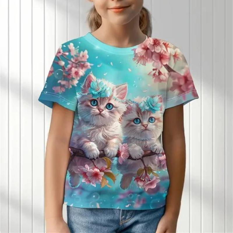 Children's Cartoon Kitten Print Cute Tie Dye Multi-color T-shirts Girls Fashionable Soft Comfortable T-shirt