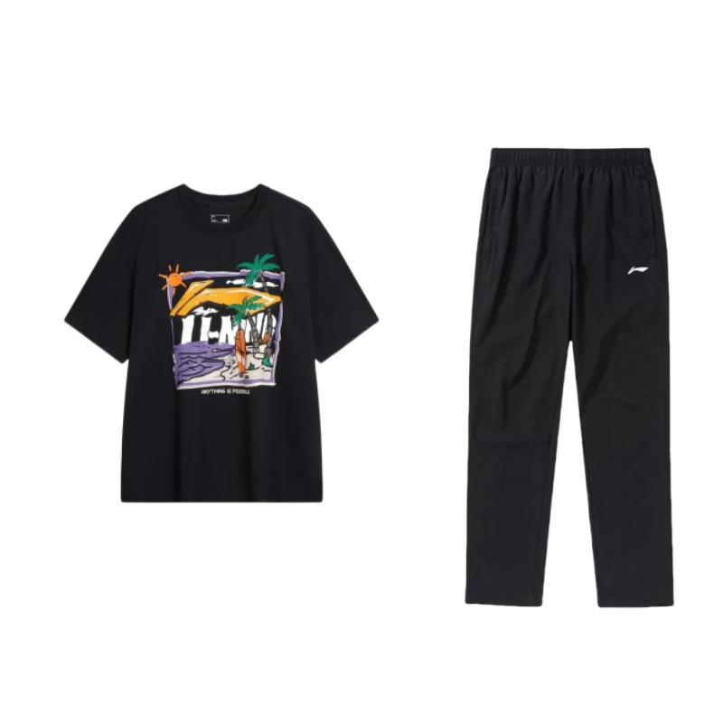 Li-Ning Удобный повседневный спортивный костюм с круглым вырезом и рисунком ручной работы, мужской костюм AHSU713-1+AYKT413-1