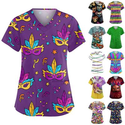 Женский модный рабочий топ с V-образным вырезом, принтом, короткими рукавами, карманом, боковым разрезом, базовый пуловер