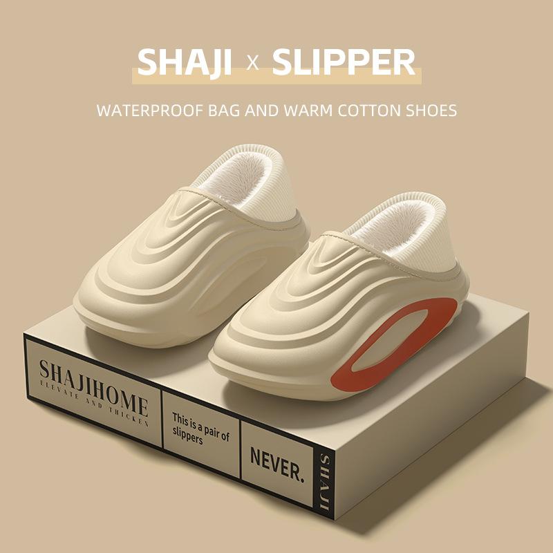 Waterproof cotton slipper bag and men's new winter non-slip thick bottom home warm and velvet outer wear cotton drag women