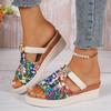 Women's Skull Printed Sandals, Colorful Woven Seaside Slide Platform Shoes, Halloween Comfort Wedge Beach Slide