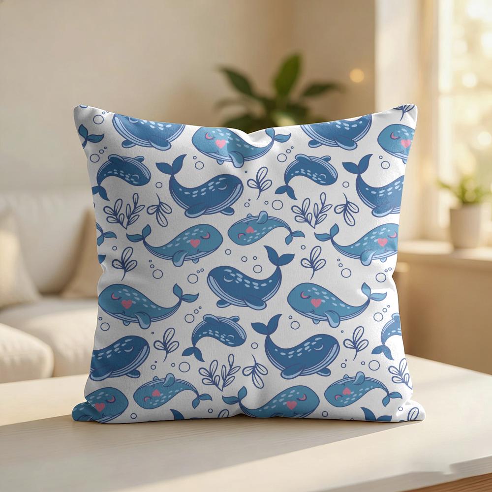 Blue Whales Pattern Cushion Cover Silky Short Plush Invisible Zipper Dustproof Sofa Pillow Case For Home Decor
