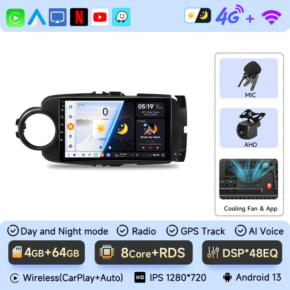 JIUYIN 9-дюймовая автомобильная магнитола Android 13Для Toyota Yaris 2012 - 2017 Мультимедийный плеер Android Auto Беспроводной Carplay GPS 2Din DVD