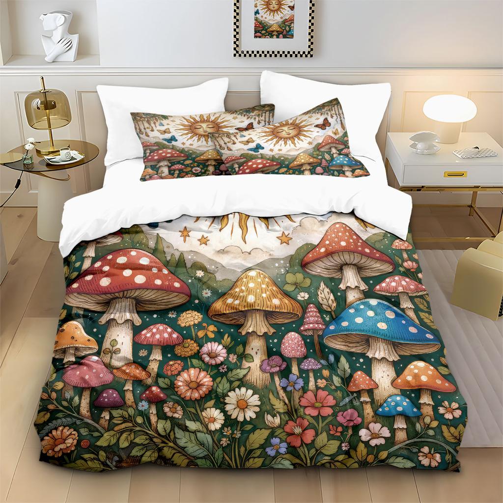 3pcs Colorful Mushroom Printed Coreless Duvet Cover Set Multiple Sizes Soft And Comfortable Bedding Decoration, Machine Washable