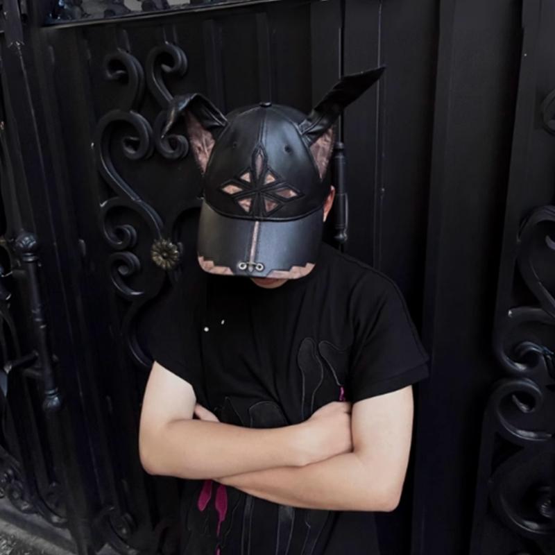 2000s Dog Ear Baseball Hat for Women Men Dystopian PU Leather Hat Subcultures Streetwear Hiphop Hat Daily Party Headwear