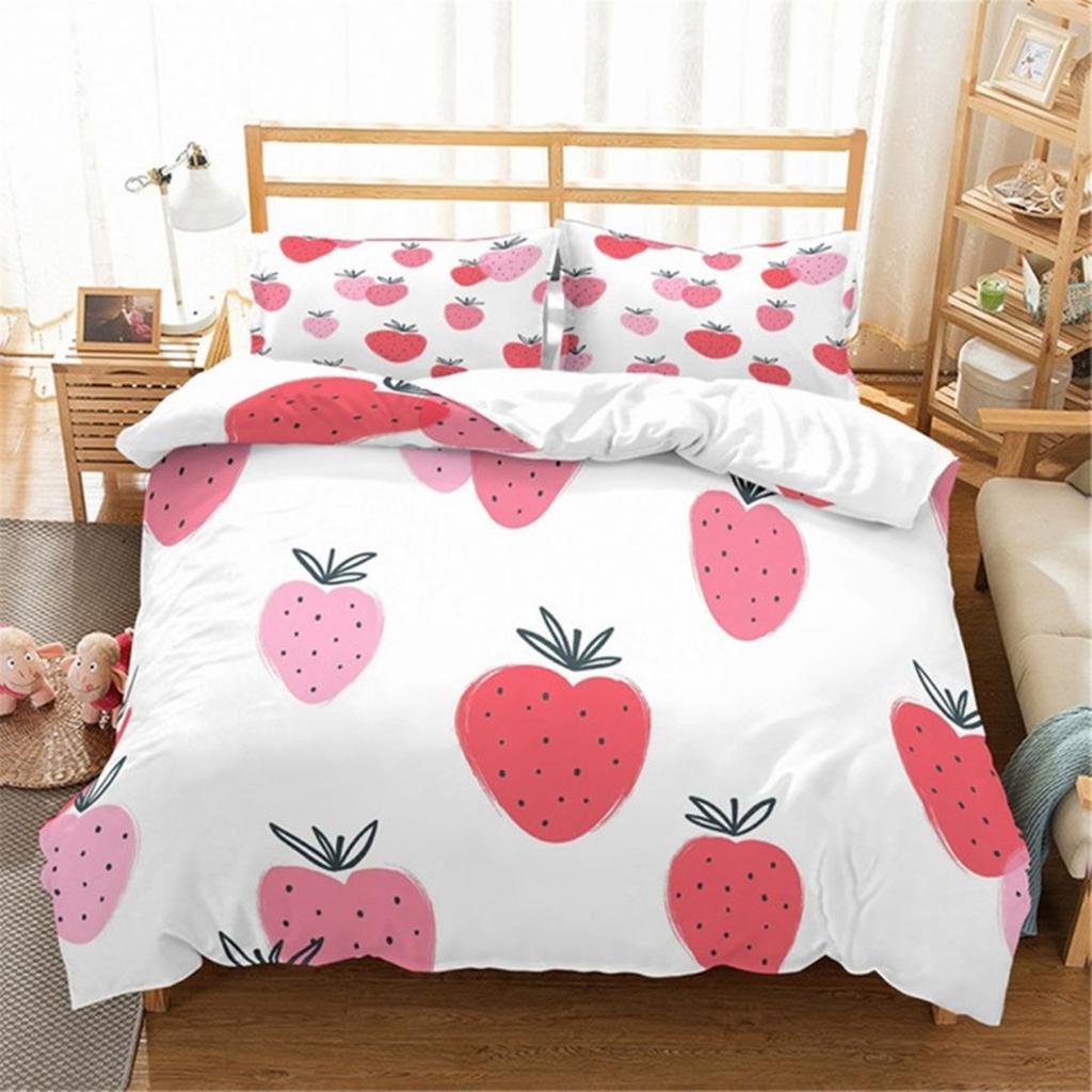 Red Strawberry Pink Lovely Summer Fruit Tree Leaf Duvet Cover for Children Girls Gifts Room Decorations Polyester Duvet Cover
