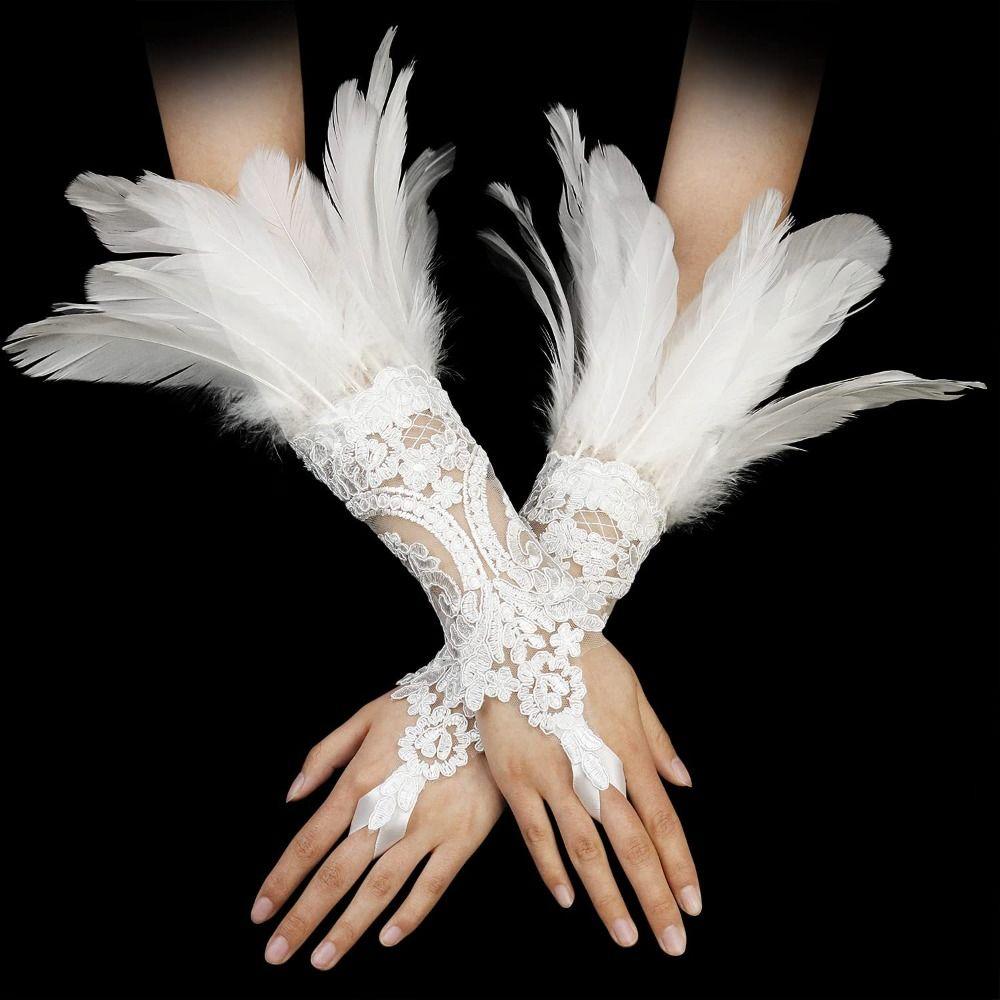 1PC Embroidery Feather Long Gloves White Black Female Mittens Wedding Gloves Party Wear