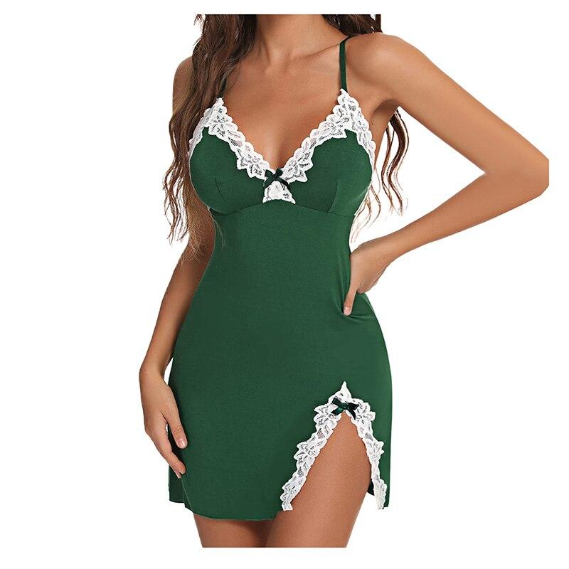 Сексуальная женская ночная рубашка из кружевного шелка и атласа с V-образным вырезом, с разрезом по низу, мягкое нижнее белье, ночная рубашка без рукавов, женская одежда